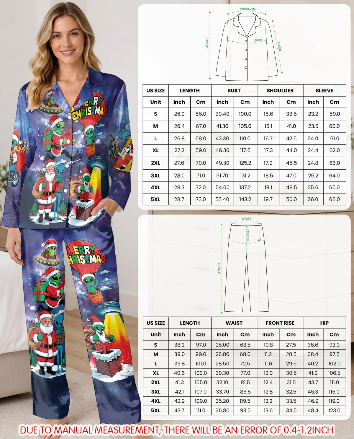 Funny Alien Christmas Pajama Set for Women, Santa Holiday Novelty Sleepwear