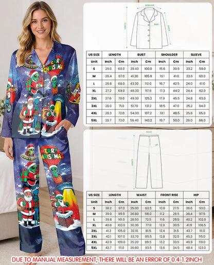 Funny Alien Christmas Pajama Set for Women, Santa Holiday Novelty Sleepwear