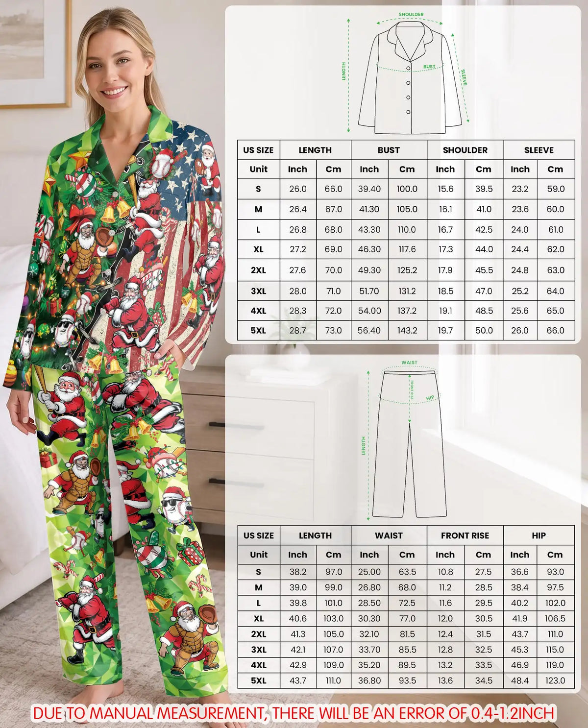 Baseball Santa Christmas Pajama Set for Women – American Flag Print
