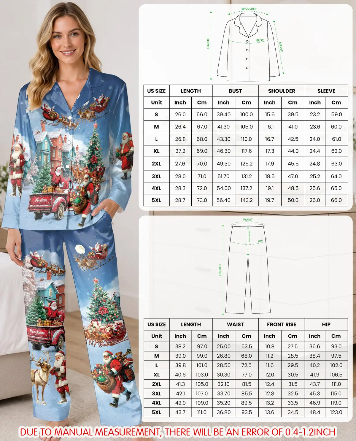 Santa Christmas Pajama Set for Women, Winter Holiday Sleepwear