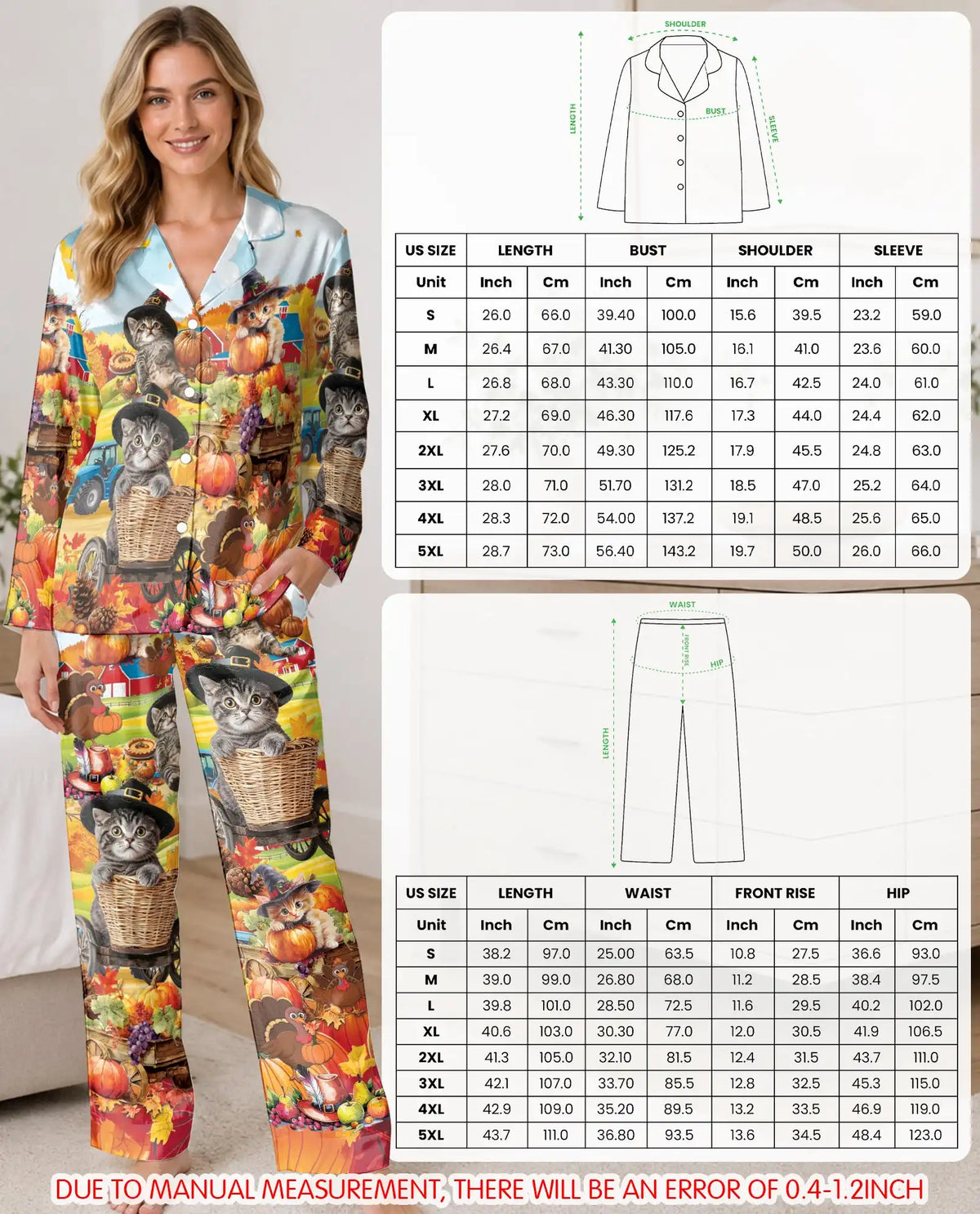 Thanksgiving Farm Cat Pajama Set for Women – Pumpkin Harvest Print