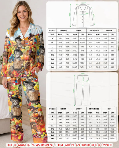 Thanksgiving Farm Cat Pajama Set for Women – Pumpkin Harvest Print
