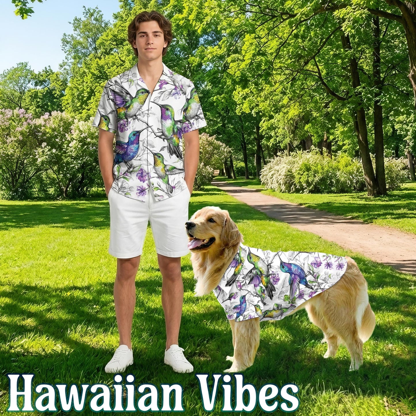 Vintage Style Hummingbirds Hawaiian Hawaii Matching Dog Owner Hawaiian Shirts, Funny Pet Aloha Shirt for Beach Vacation - Azhawaiian