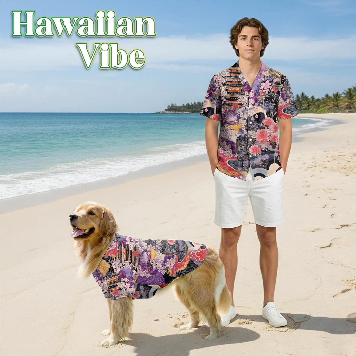 Japanese Ukiyoe Sakura Art Print Matching Dog Owner Hawaiian Shirts, Funny Pet Aloha Shirt for Beach Vacation - Azhawaiian