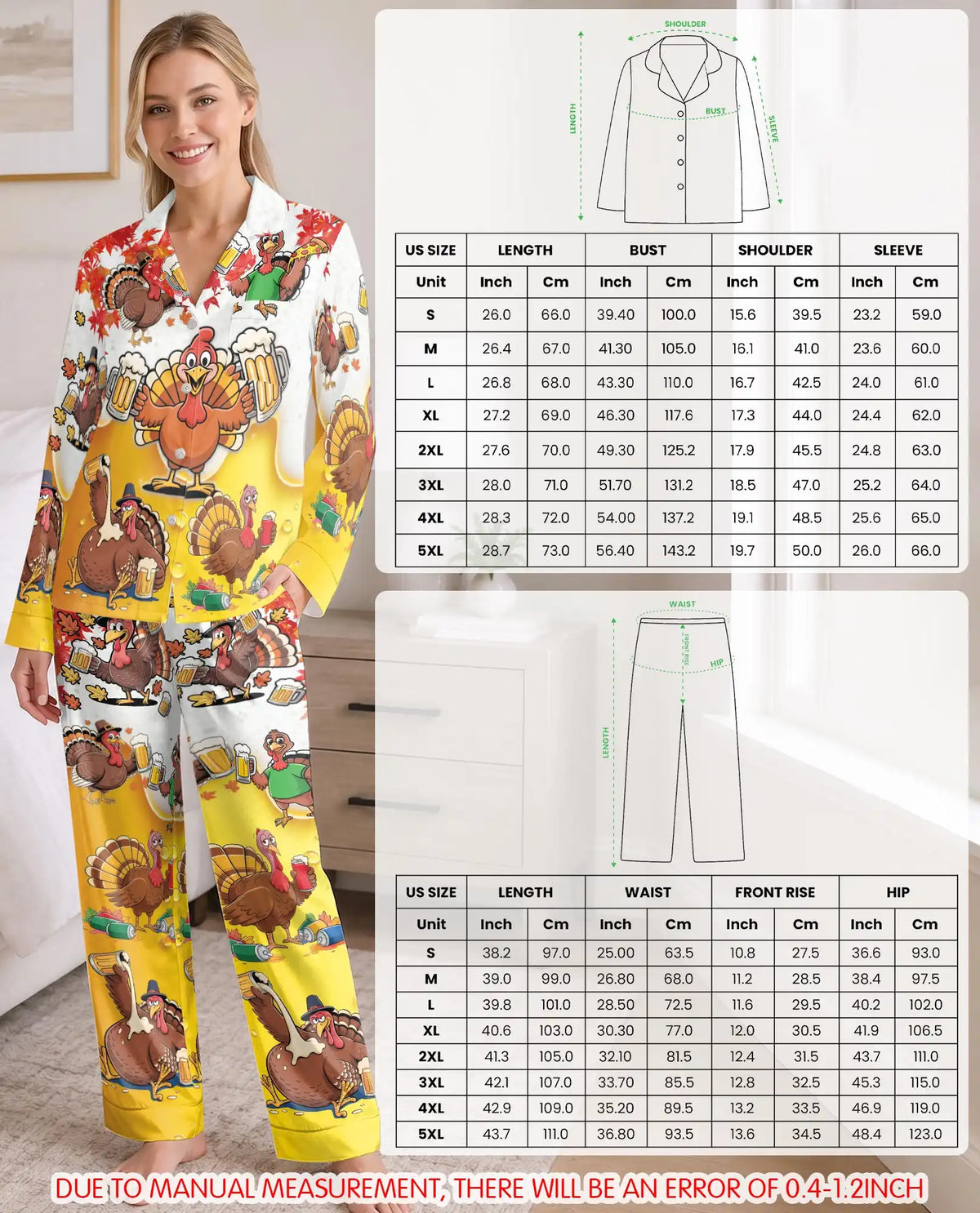 Funny Thanksgiving Turkey Pajama Set for Women – Beer & Fall Leaves Print