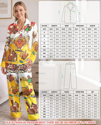 Funny Thanksgiving Turkey Pajama Set for Women – Beer & Fall Leaves Print