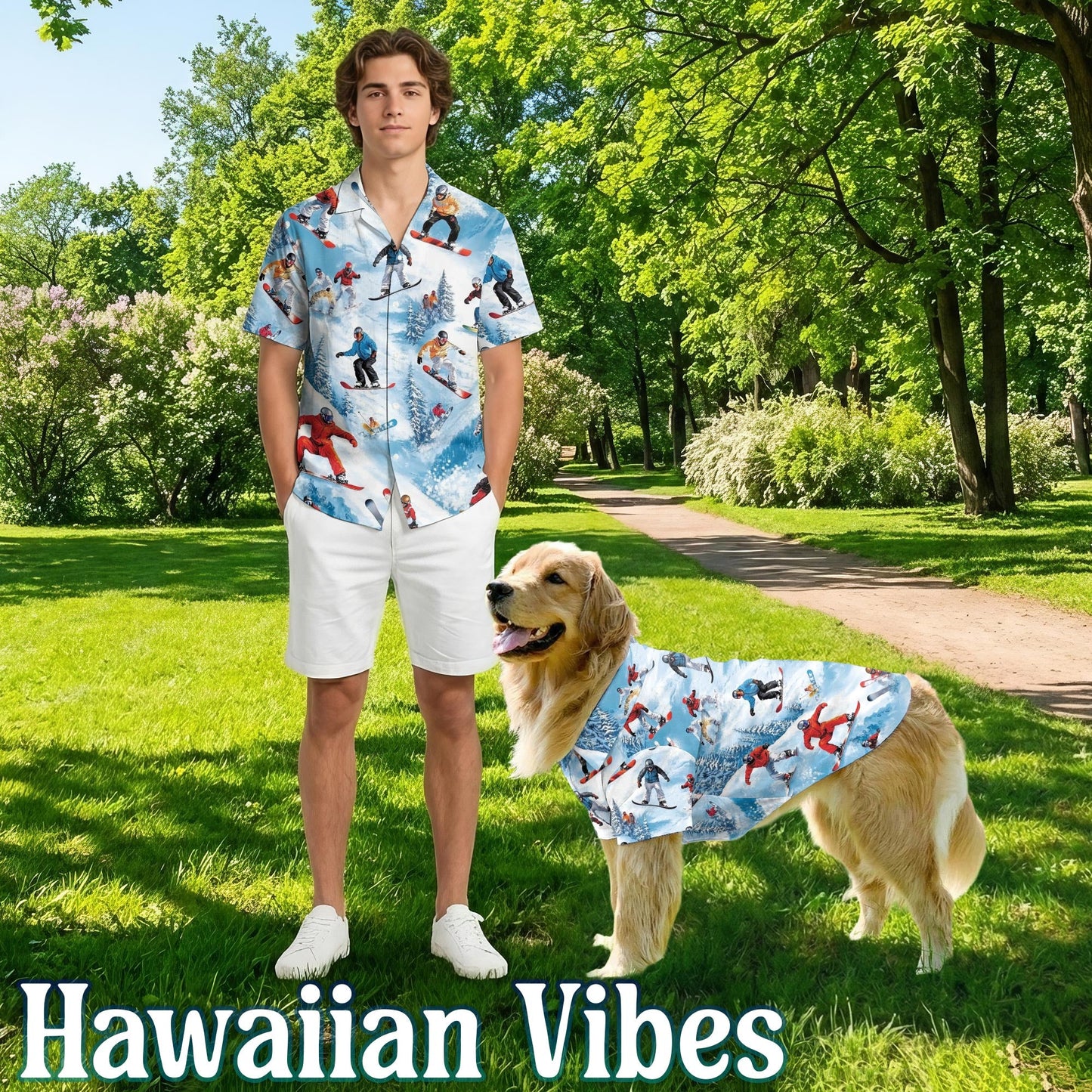 Snowboarding Skiing Matching Dog Owner Hawaiian Shirts, Funny Pet Aloha Shirt for Beach Vacation - Azhawaiian