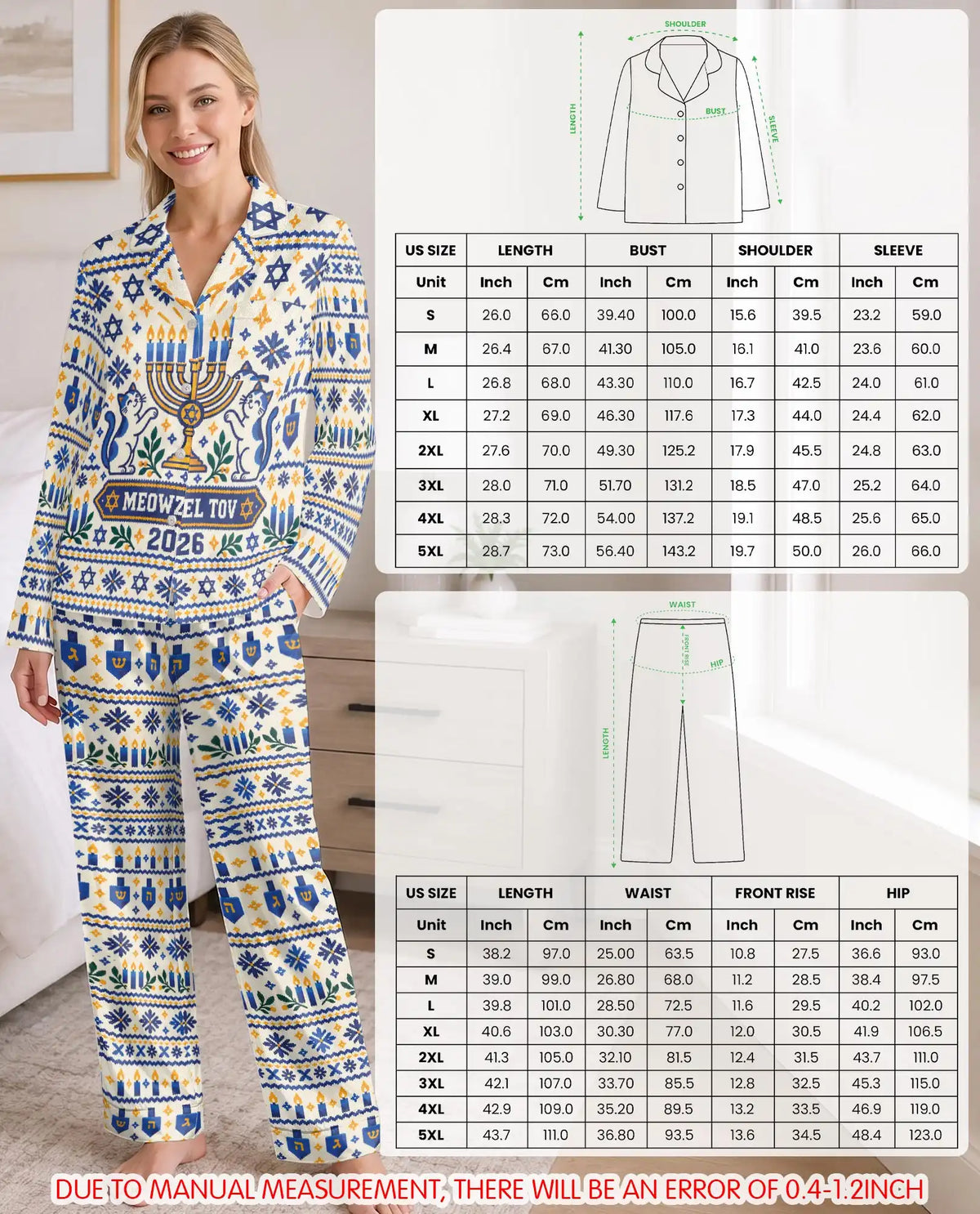 Personalized Hanukkah Cat Pajama Set for Women – Custom Name & Year Menorah Print