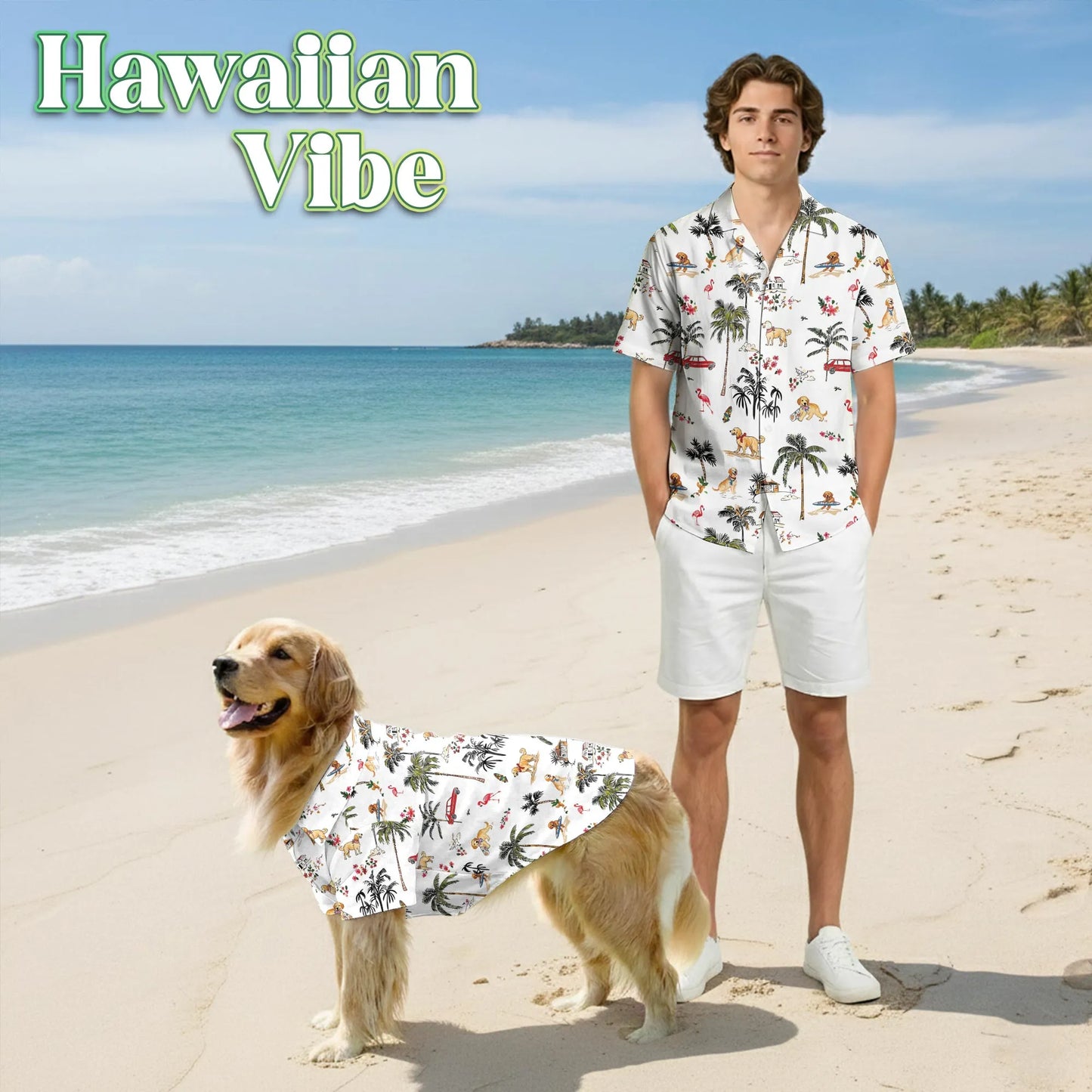 Cute Golden Retriever Beach Print Matching Dog Owner Hawaiian Shirts, Funny Pet Aloha Shirt for Beach Vacation - Azhawaiian