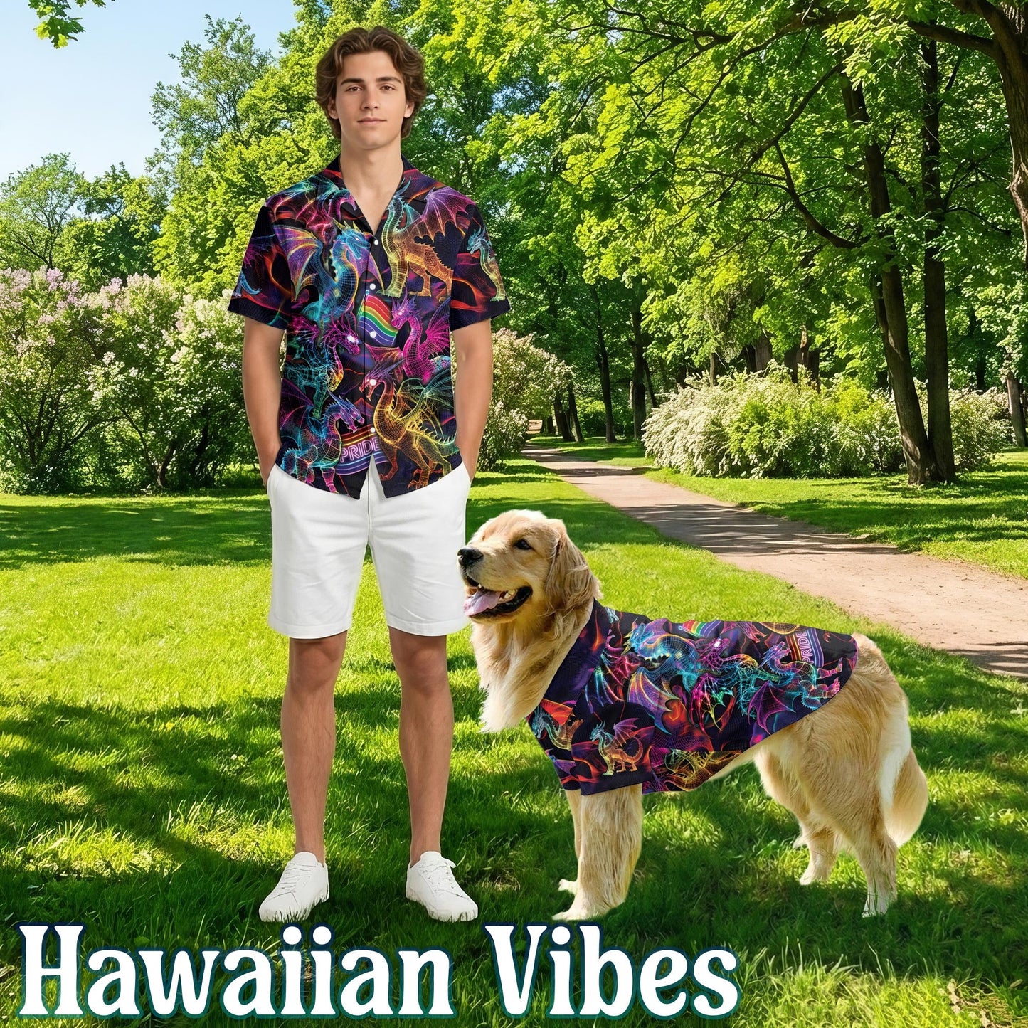 Pride Dragon Matching Dog Owner Hawaiian Shirts, Funny Pet Aloha Shirt for Beach Vacation - Azhawaiian