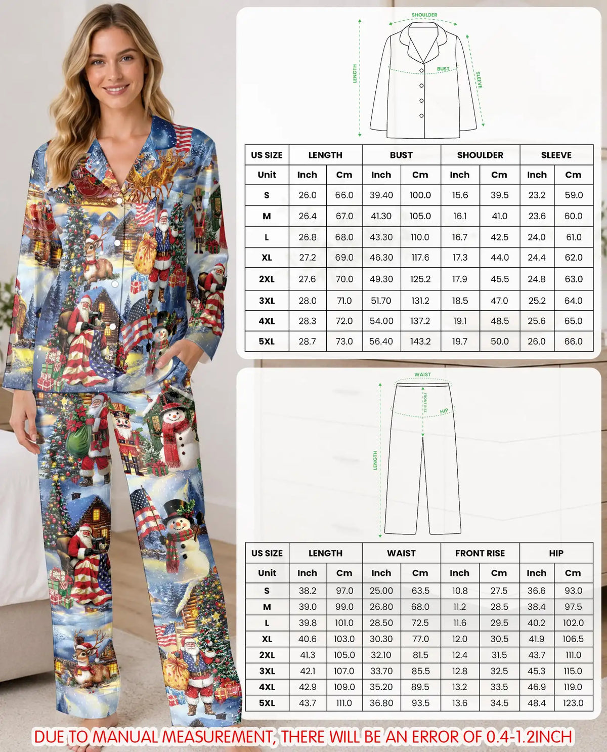 Patriotic Christmas Pajama Set for Women – Santa & American Flag Print