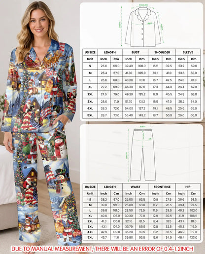 Patriotic Christmas Pajama Set for Women – Santa & American Flag Print