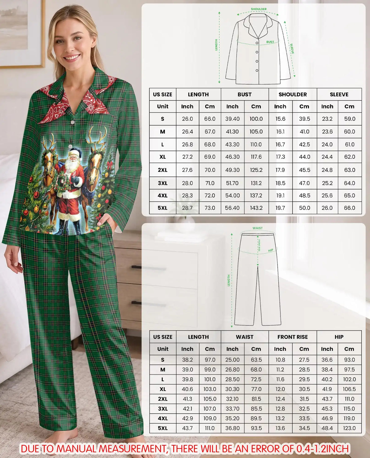 Plaid Santa Christmas Pajama Set for Women – Festive Horse Print