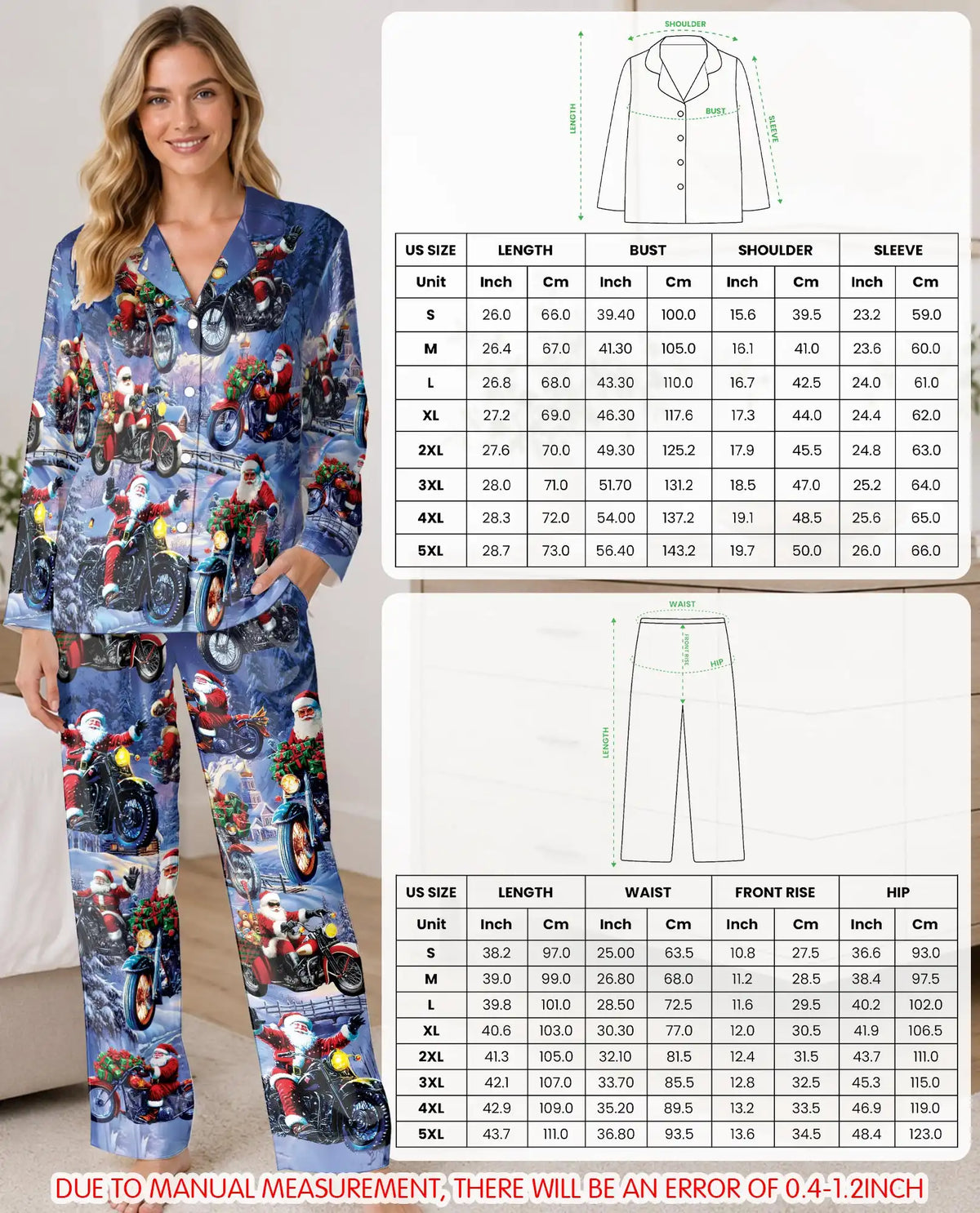 Santa Motorcycle Christmas Pajama Set for Women – Snowy Biker Print