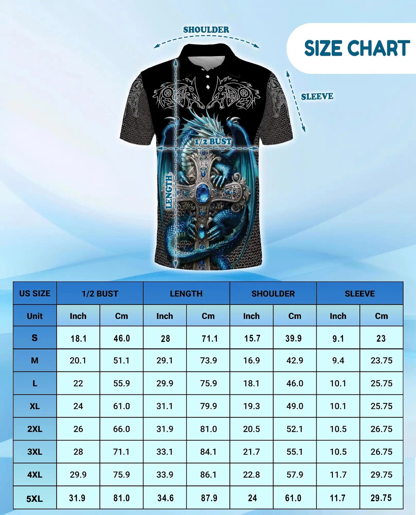 Blue Dragon Cross Polo Shirt for Men - Fantasy Medieval Dragon | Azhawaiian