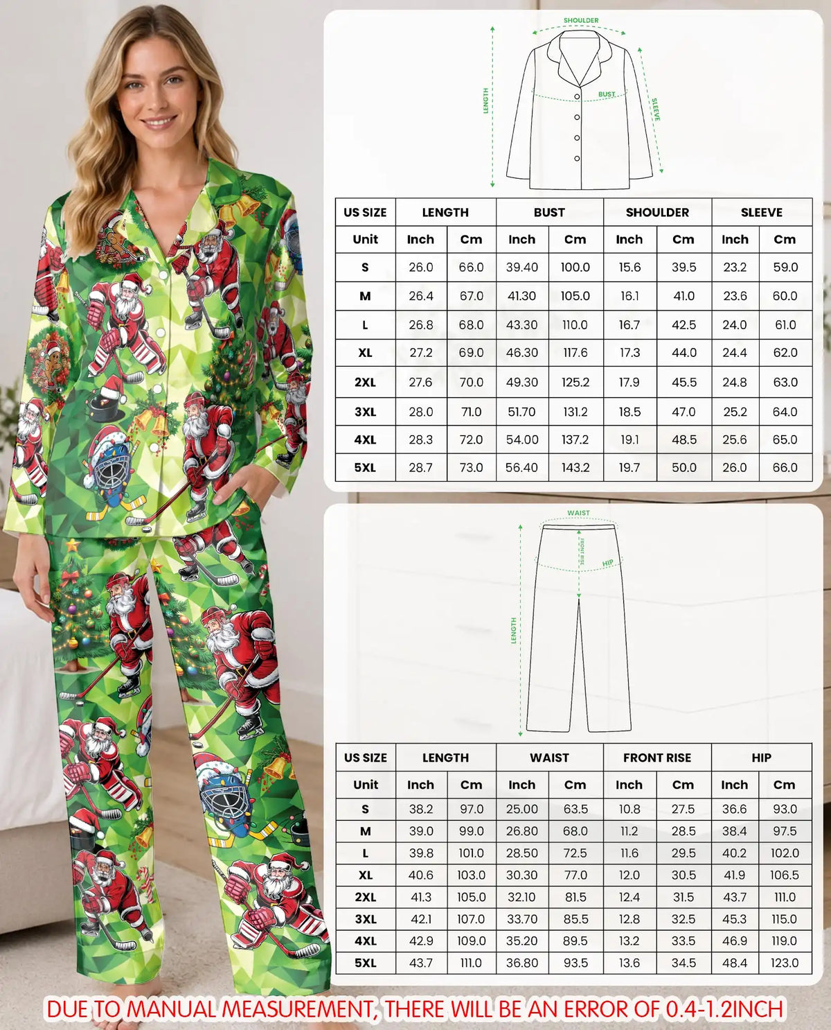 Christmas Hockey Santa Pajama Set for Women – Green Geometric Print