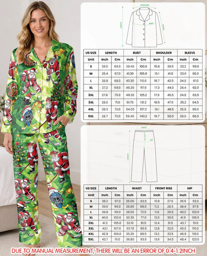Christmas Hockey Santa Pajama Set for Women – Green Geometric Print