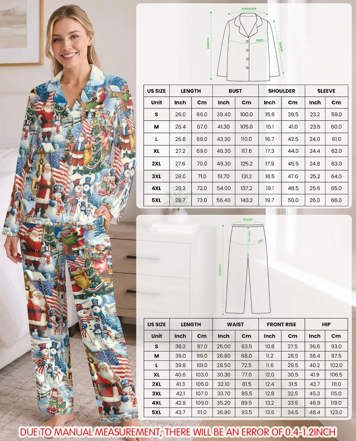 Patriotic Santa Snowman Pajama Set for Women – American Flag Christmas Print