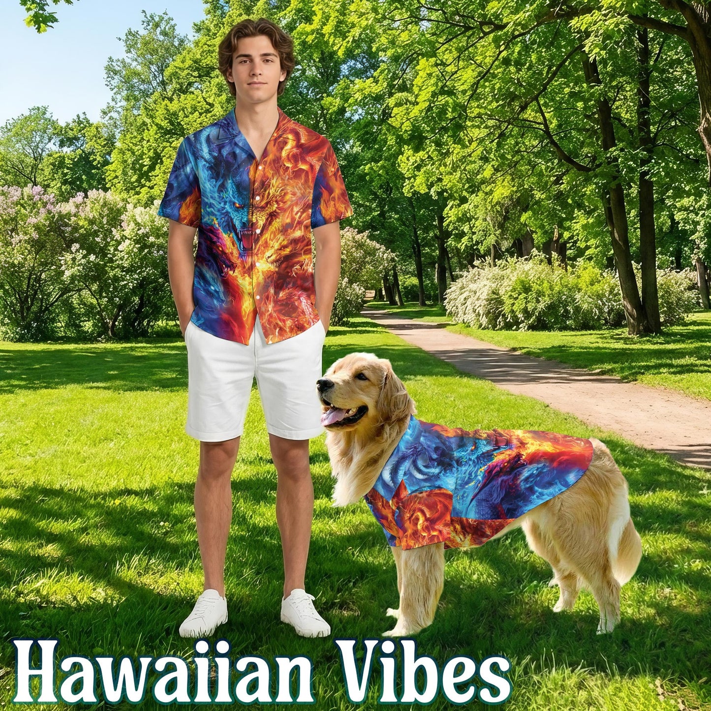 Fire Dragon Matching Dog Owner Hawaiian Shirts, Funny Pet Aloha Shirt for Beach Vacation - Azhawaiian