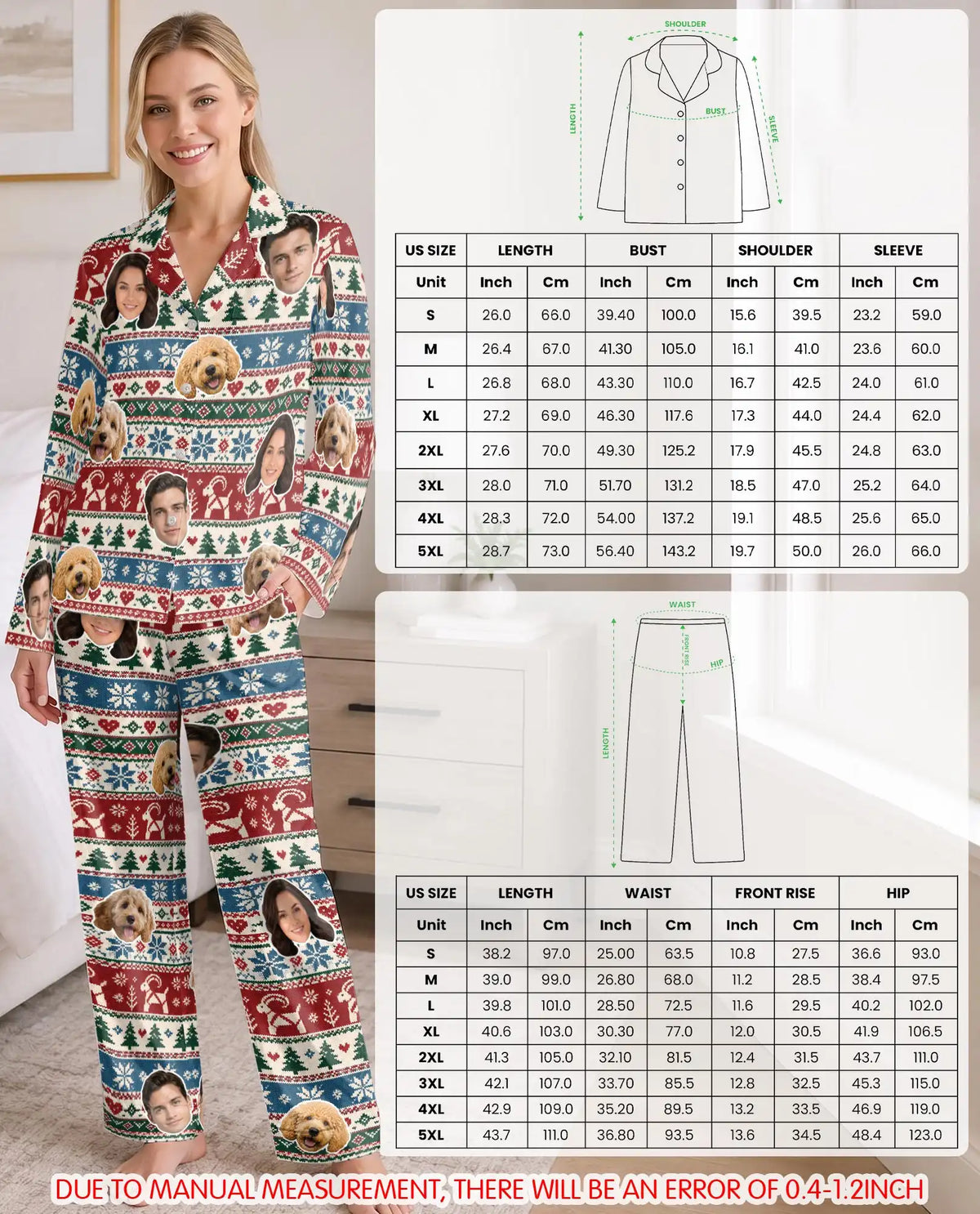 Personalized Christmas Reindeer Pajamas for Women – Custom Face & Pet Photo Fair Isle Print