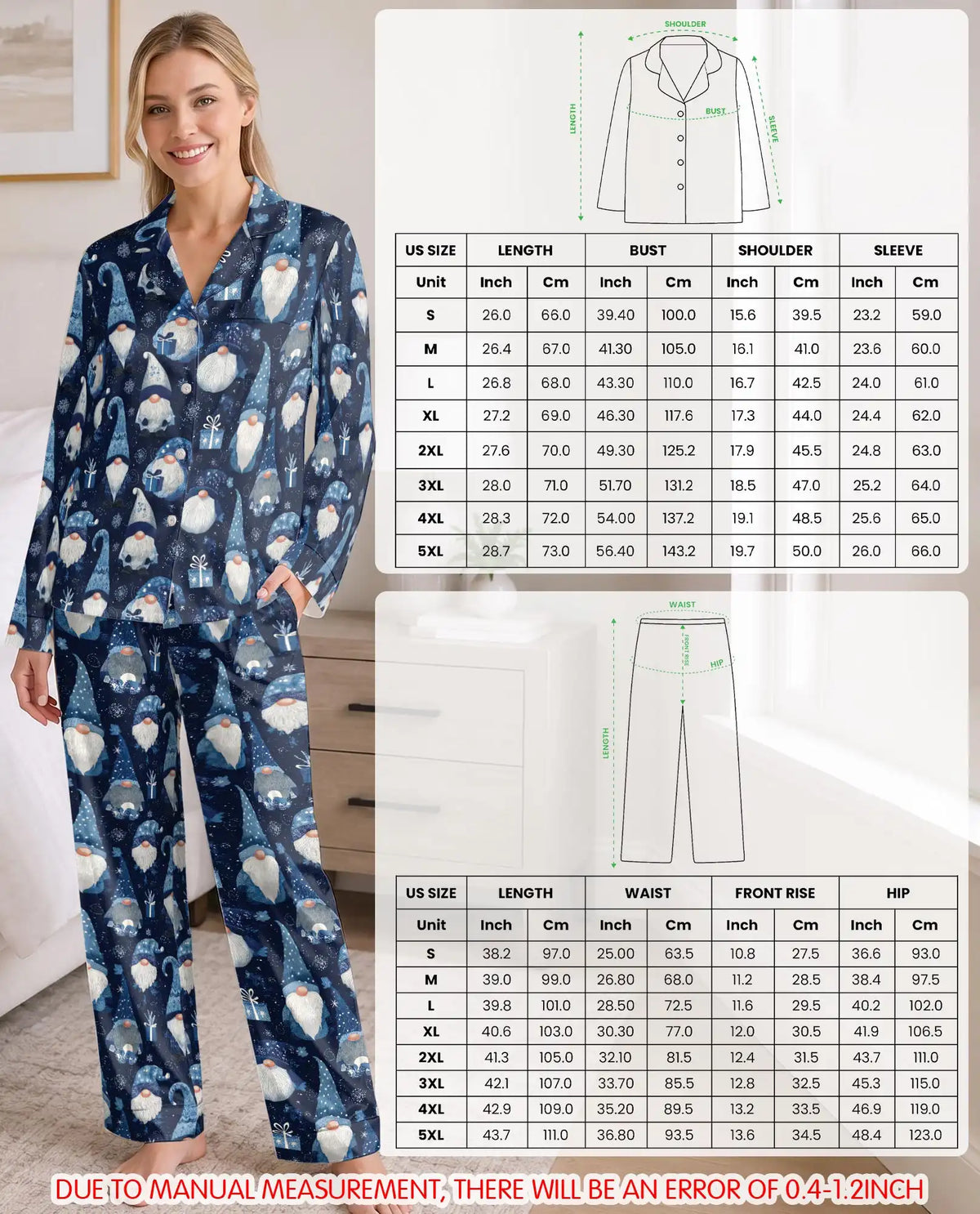 Blue Winter Gnome Pajama Set for Women – Snowflakes & Gift Boxes Print