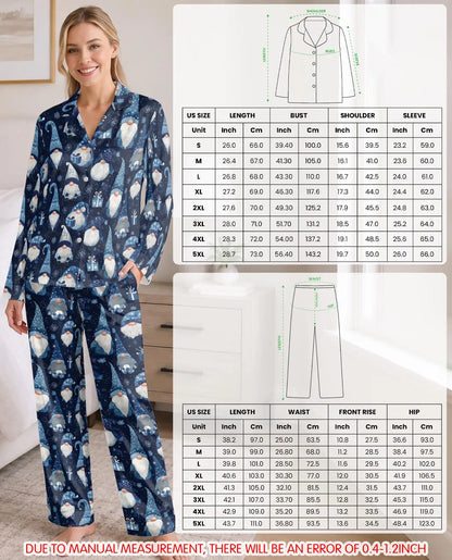 Blue Winter Gnome Pajama Set for Women – Snowflakes & Gift Boxes Print