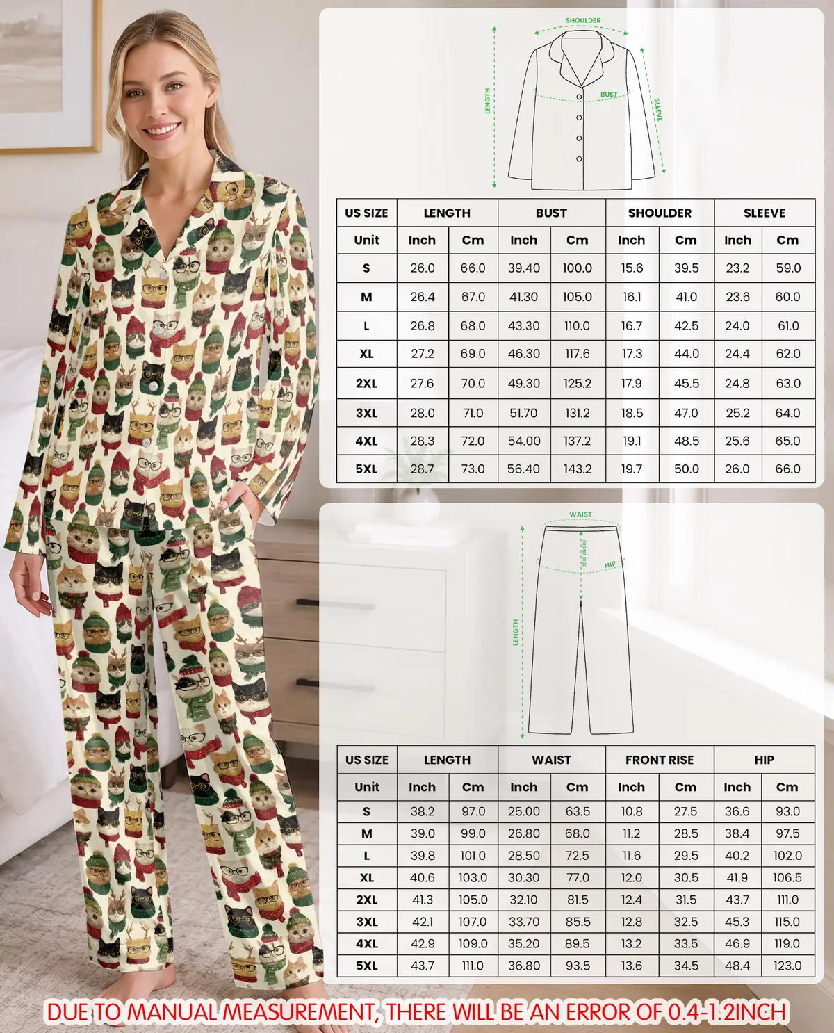 Christmas Cat Pajama Set for Women – Funny Cats with Glasses & Winter Hats Print