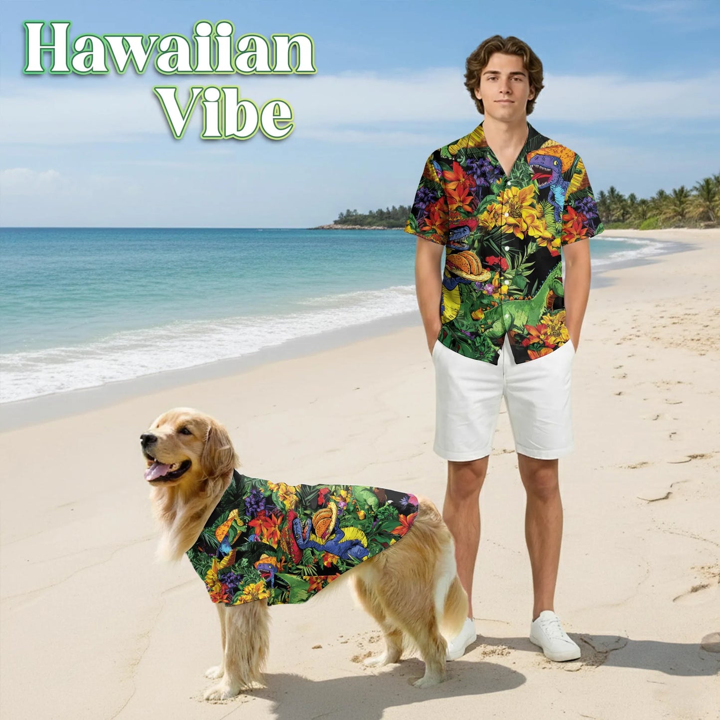 Fun Taco Dinosaur T Rex Flower Print Matching Dog Owner Hawaiian Shirts, Funny Pet Aloha Shirt for Beach Vacation - Azhawaiian
