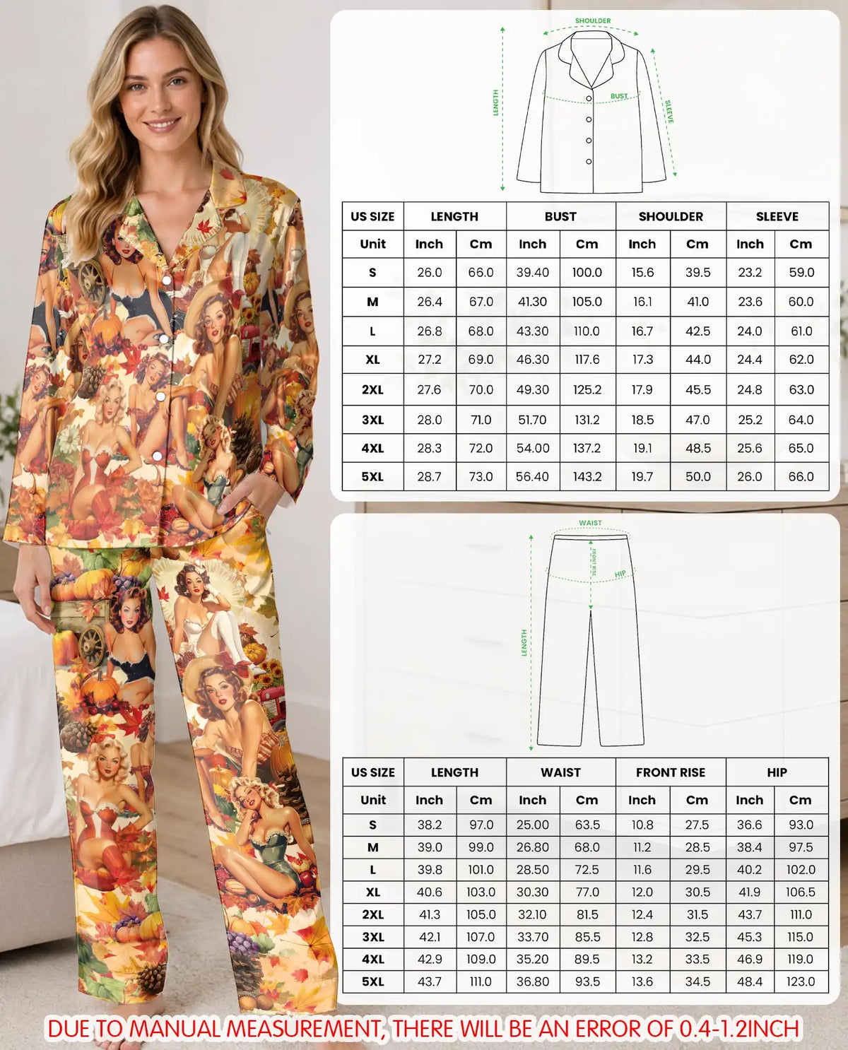 Thanksgiving Pajama Set for Women, Vintage Pin Up Holiday Sleepwear with Autumn Design