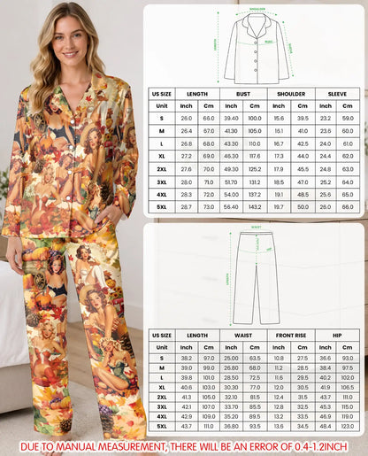 Thanksgiving Pajama Set for Women, Vintage Pin Up Holiday Sleepwear with Autumn Design