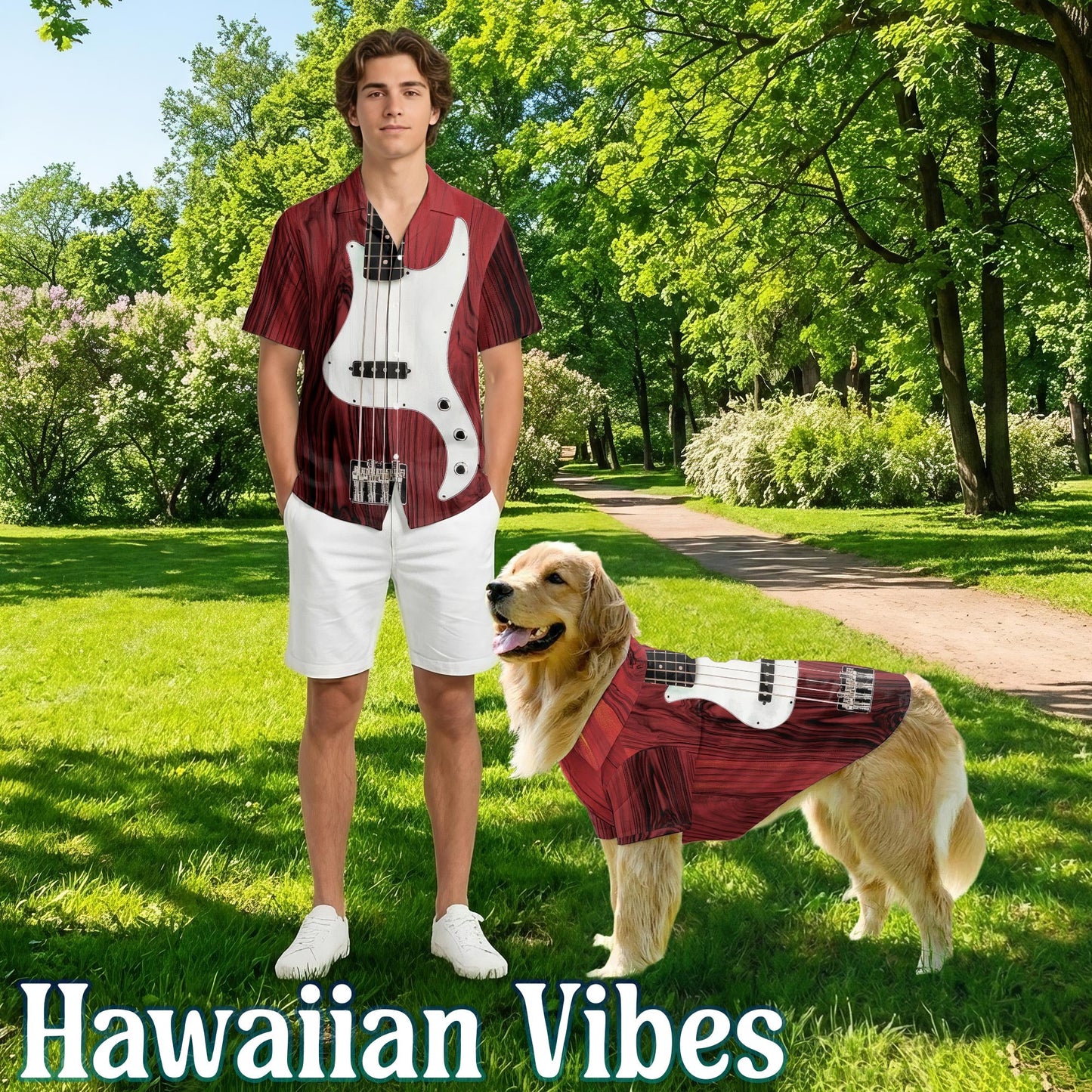 Bass Guitar Matching Dog Owner Hawaiian Shirts, Funny Pet Aloha Shirt for Beach Vacation - Azhawaiian
