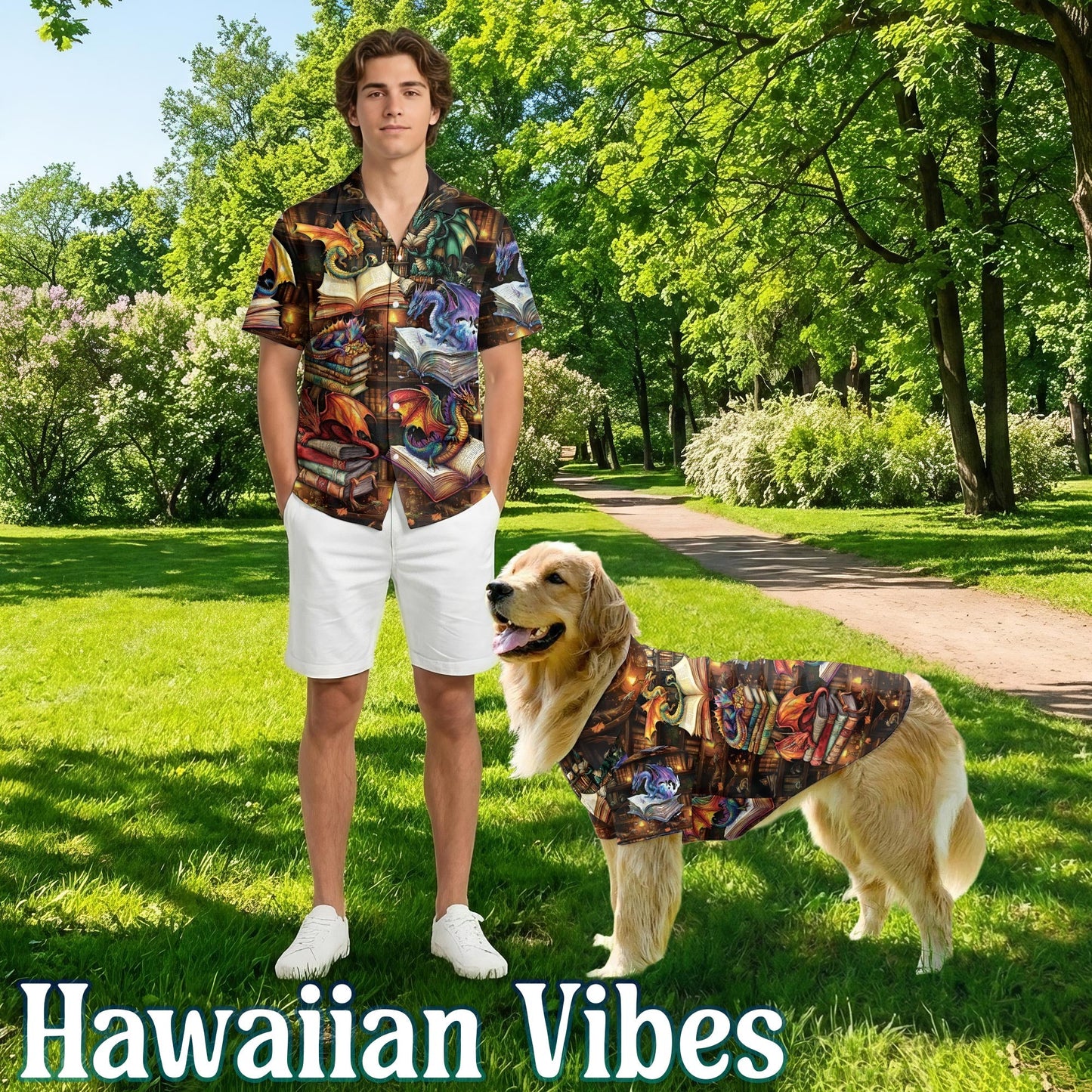 Dragon Book Matching Dog Owner Hawaiian Shirts, Funny Pet Aloha Shirt for Beach Vacation - Azhawaiian