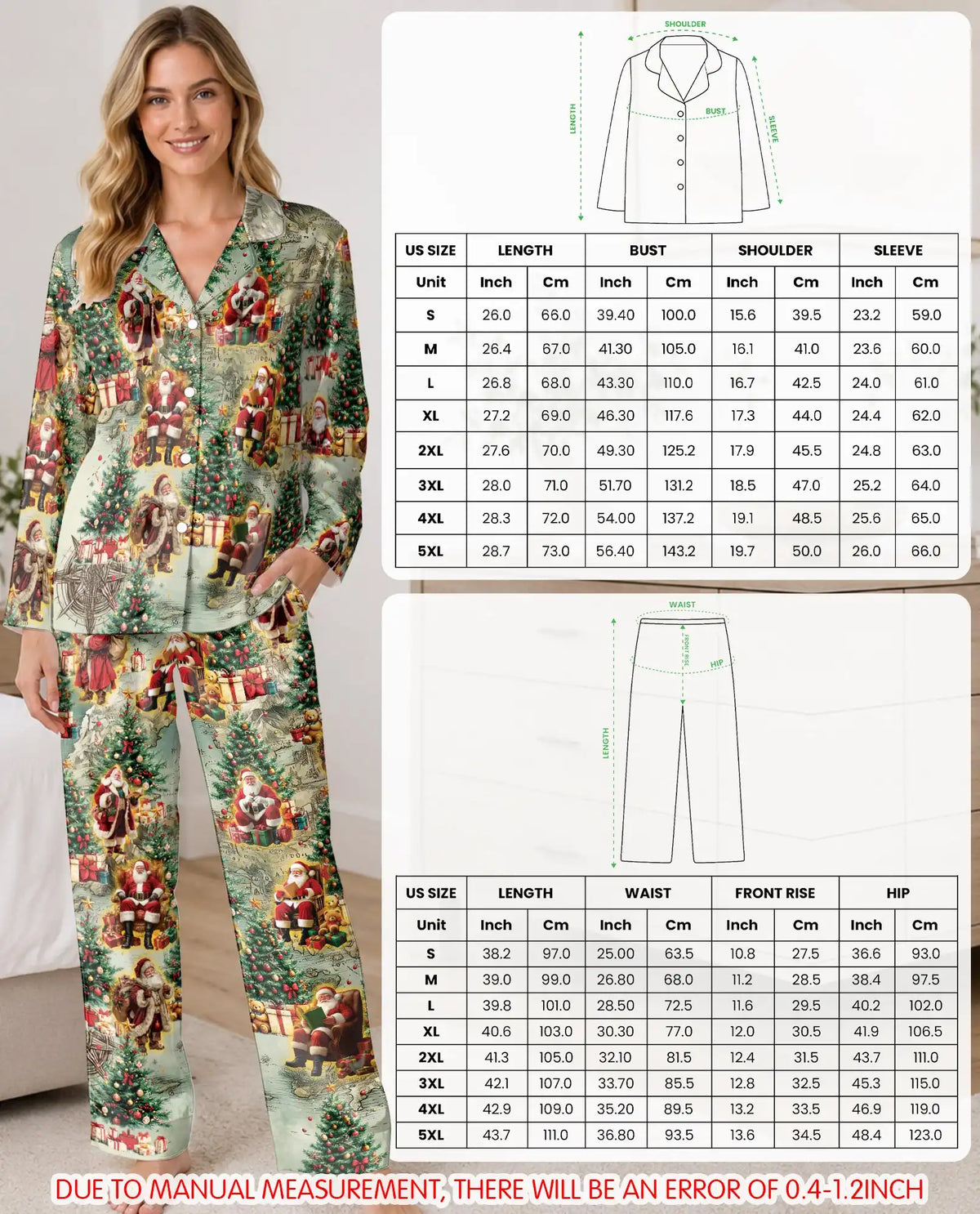 Christmas Santa Pajama Set for Women, Vintage Holiday Sleepwear with Christmas Tree Design
