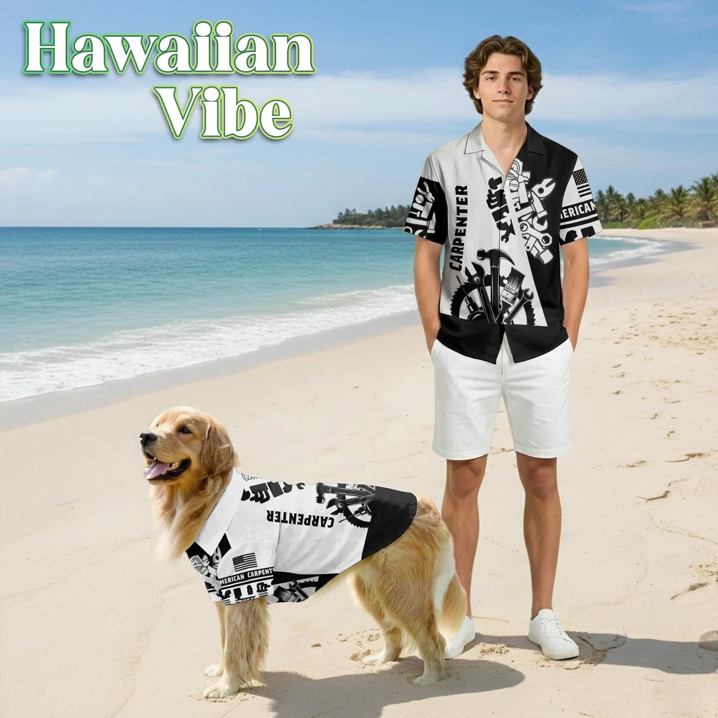 Carpenter Black White 3D Tools Matching Dog Owner Hawaiian Shirts, Funny Pet Aloha Shirt for Beach Vacation - Azhawaiian