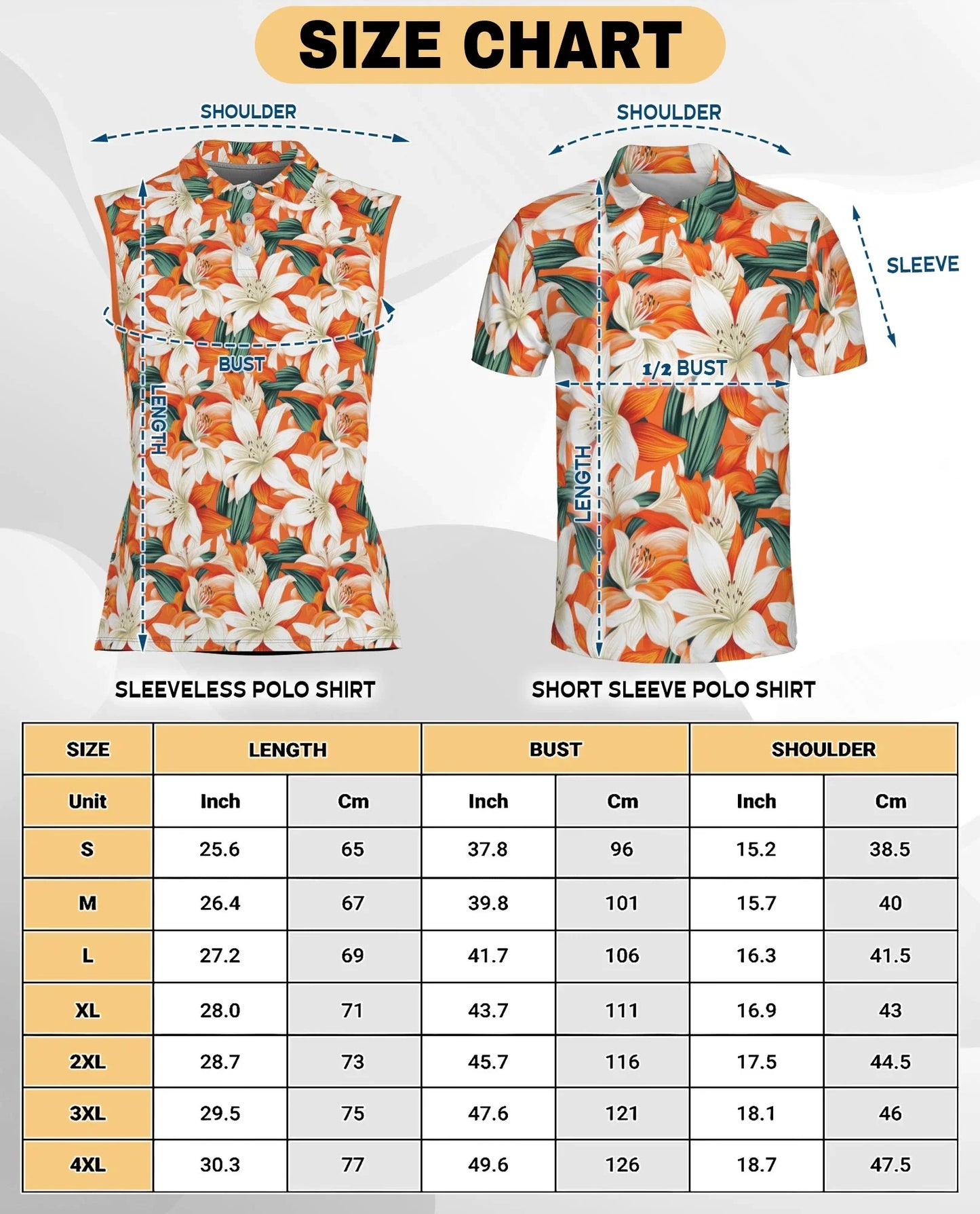 Orange Lily Print Sleeveless Polo Shirt for Women, Elegant Floral Style