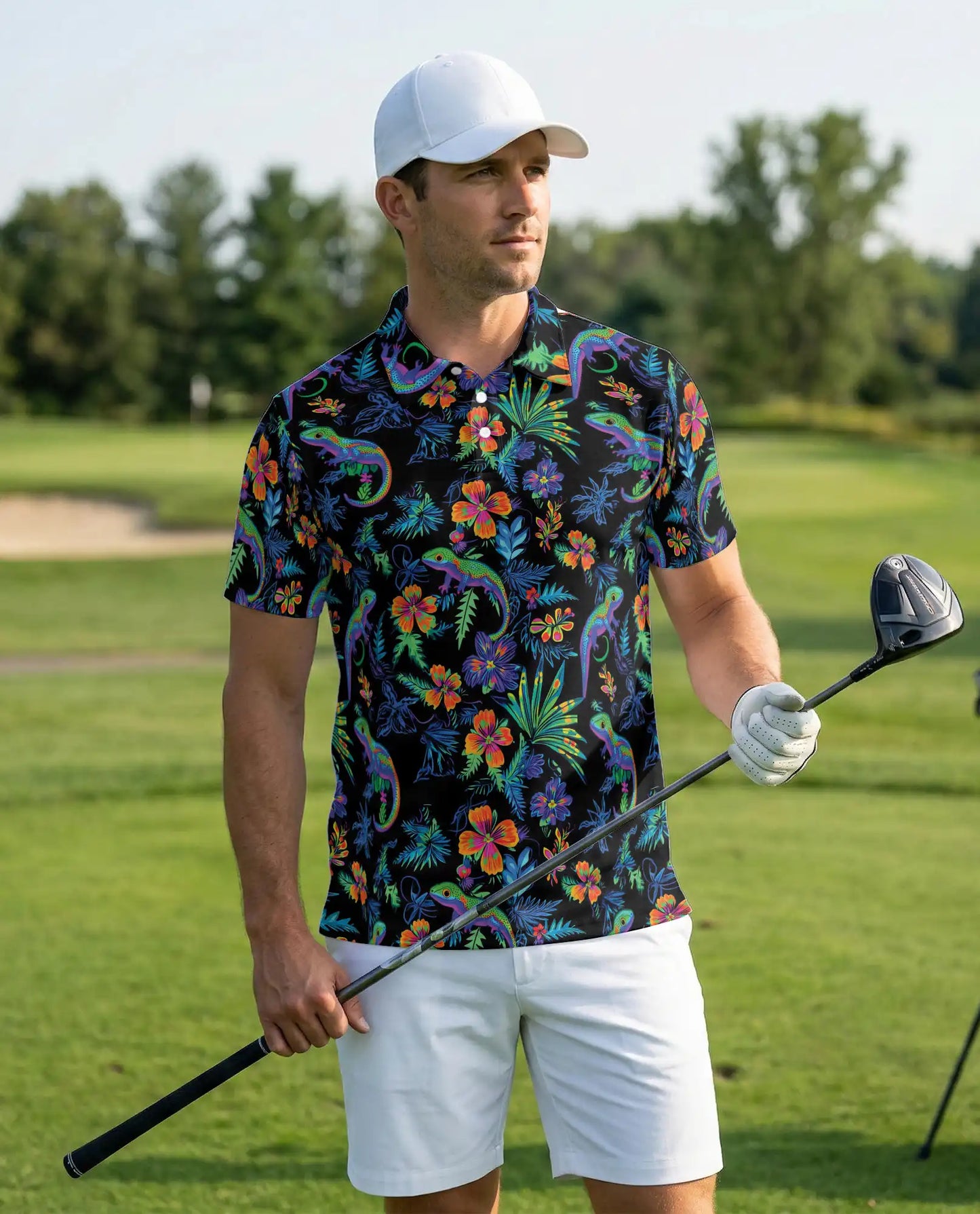 Colorful Chameleon 3D Polo Shirt for Men, Tropical Floral Reptile Style | Azhawaiian