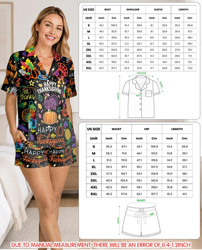 Neon Thanksgiving Pajama Set for Women – Turkey Pumpkin Print