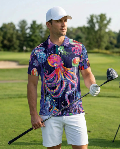 Neon Octopus Jellyfish 3D Polo Shirt for Men, Colorful Ocean Fantasy Style | Azhawaiian