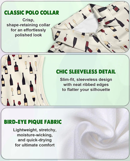Wine Bottle And Glass Print Sleeveless Polo Shirt for Women | Azhawaiian