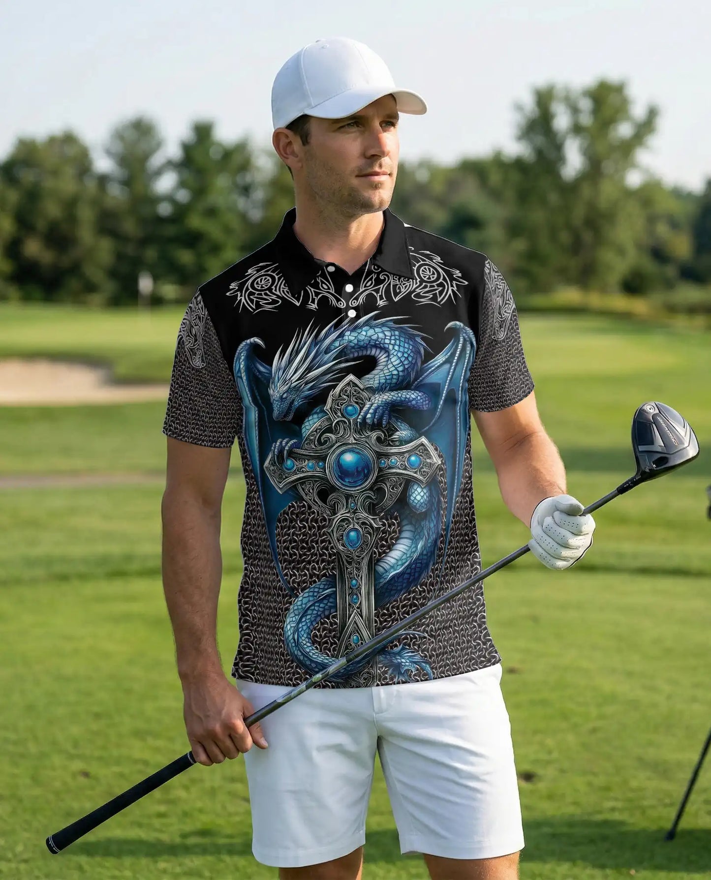 Blue Dragon Cross 3D Polo Shirt for Men, Medieval Fantasy Armor Style | Azhawaiian