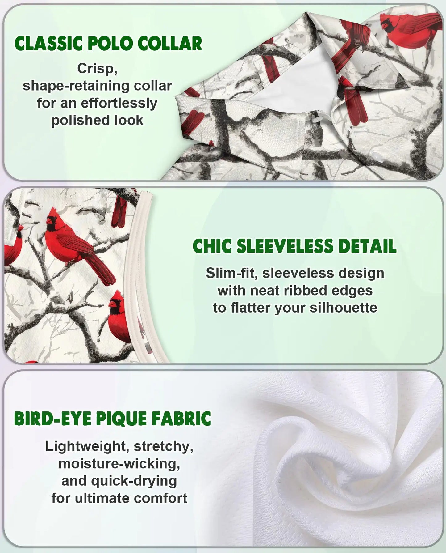 Red Cardinals Sleeveless Polo Shirt for Women, Elegant Bird Nature Style | Azhawaiian