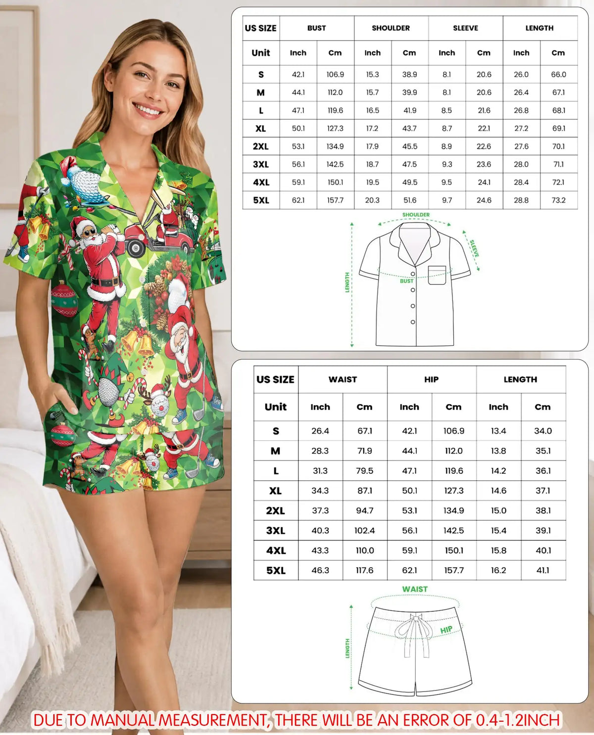 Christmas Golf Pajama Set for Women – Santa Golfer & Golf Cart Print