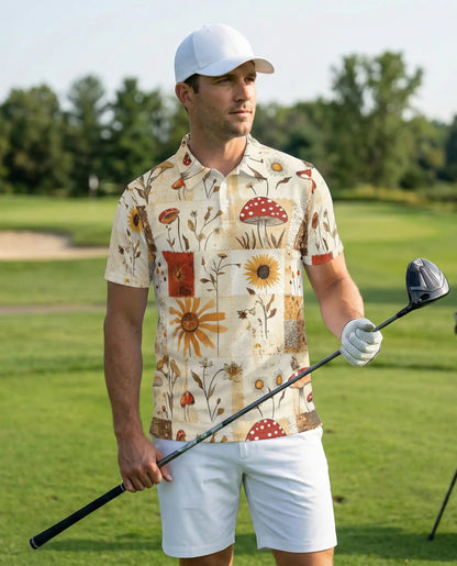 Vintage Mushroom Polo Shirt, Botanical Wildflower Print | Azhawaiian