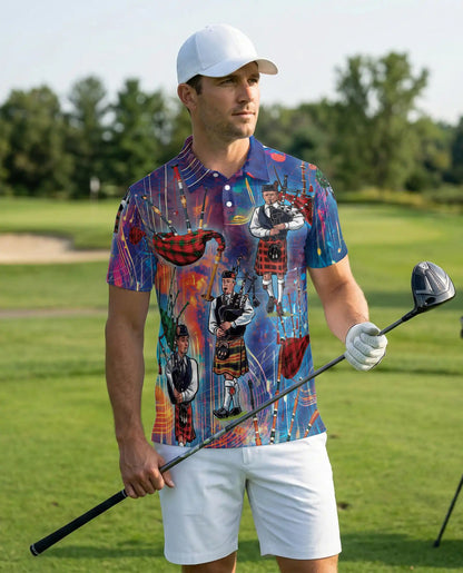 Scottish Bagpipe Musician 3D Polo Shirt for Men, Celtic Highland Style | Azhawaiian