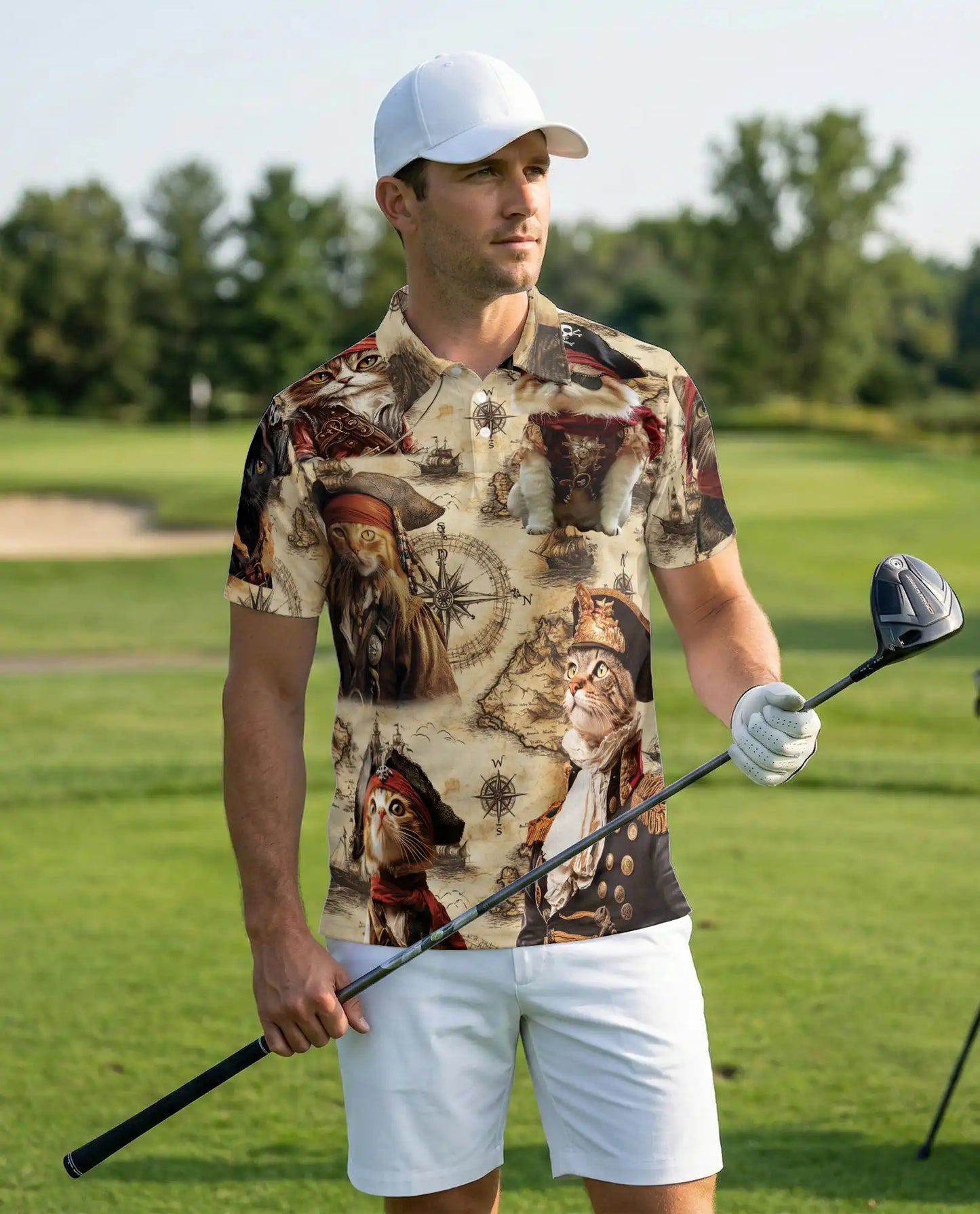 Pirate Cat 3D Polo Shirt for Men, Vintage Nautical Adventure Style | Azhawaiian
