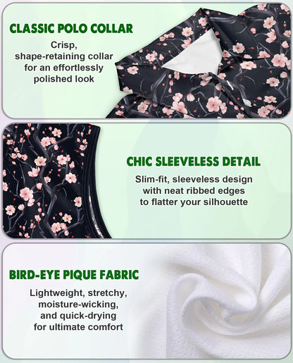 Cherry Blossom Branches Pattern Sleeveless Polo Shirt for Women | Azhawaiian