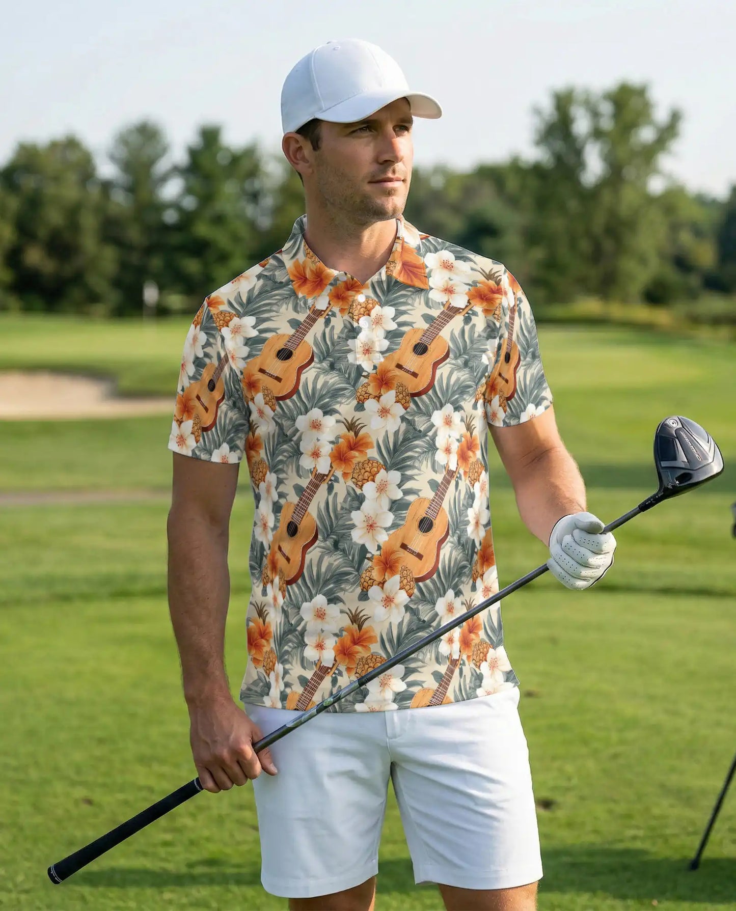 Tropical Ukulele Polo Shirt for Men-Print Hibiscus Pineapple | Azhawaiian