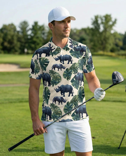 Geometric Rhino Tropical Polo Shirt-Safari Wildlife Jungle Pattern | Azhawaiian