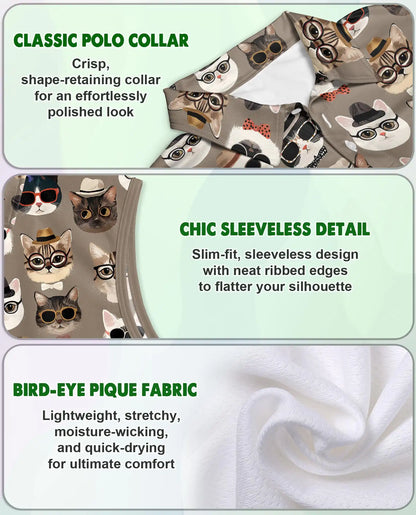 Cool Cats Print Sleeveless Polo Shirt for Women, Stylish Cat Lover Style | Azhawaiian