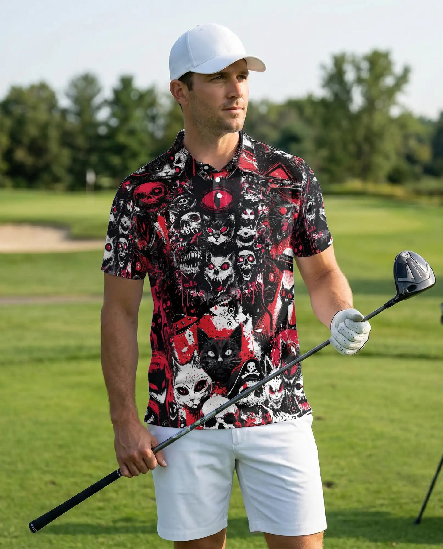 Gothic Cat Skull Polo Shirt for Men, Dark Horror Design | Azhawaiian